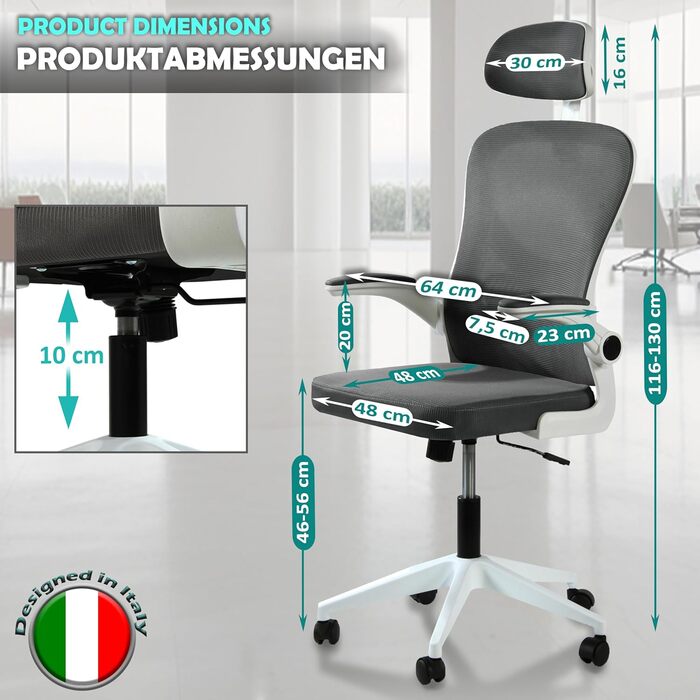 Офісне крісло Sesto Senso Ergo з ергономічною підтримкою попереку та відкидними підлокітниками, крісло для керівника, регульована підголовник (темно-сірий)