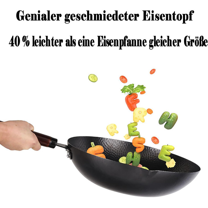 LIYGAOF Вок з кришкою 32 см з чавуну: Вок для всіх типів плит, кована чавунна сковорода, без хімічного покриття, легко миється