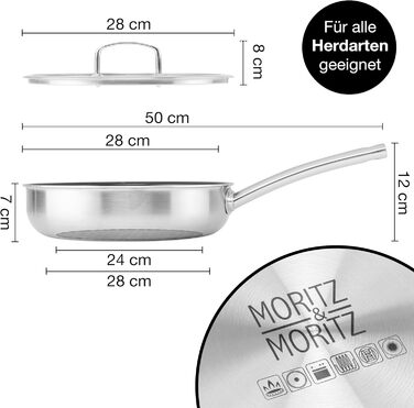 Сковорода з нержавіючої сталі Moritz & Moritz з кришкою 28 см з керамічним покриттям нового покоління - підходить для всіх типів плит - антипригарна сковорода з вафельною структурою для приготування, смаження та тушкування. Діаметр 28 см