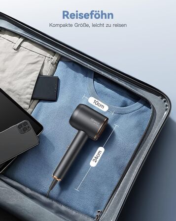 Іонний фен для волосся DEWILY з дифузором 1800 Вт, 3 температурних режими, компактний дорожній сунич для кучерявого волосся (сіро-чорний)