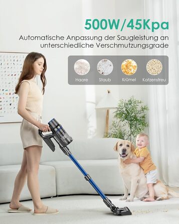 Акумуляторний пилосос з функцією миття підлоги, 45000Pa/550W/60 Min, безщітковий двигун, LED-дисплей, самостійна парковка, для твердих поверхонь, килимів та шерсті тварин, блакитний