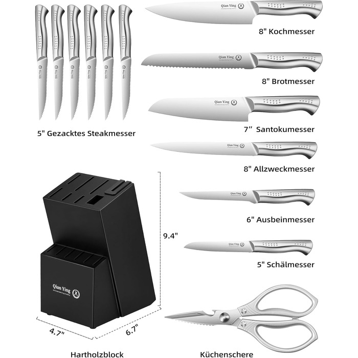 Набір кухонних ножів 14 предметів у блоці: кухонні ножі, ніж кухарський, шліфувальник, подарунок мамі. Білий набір ножів