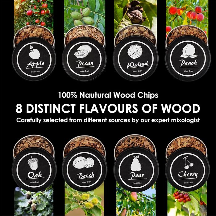 Набір для копчення віскі та коктейлів Smokeologist – 8 натуральних ароматизаторів, подарункова дерев'яна коробка, преміум-пальник на бутані