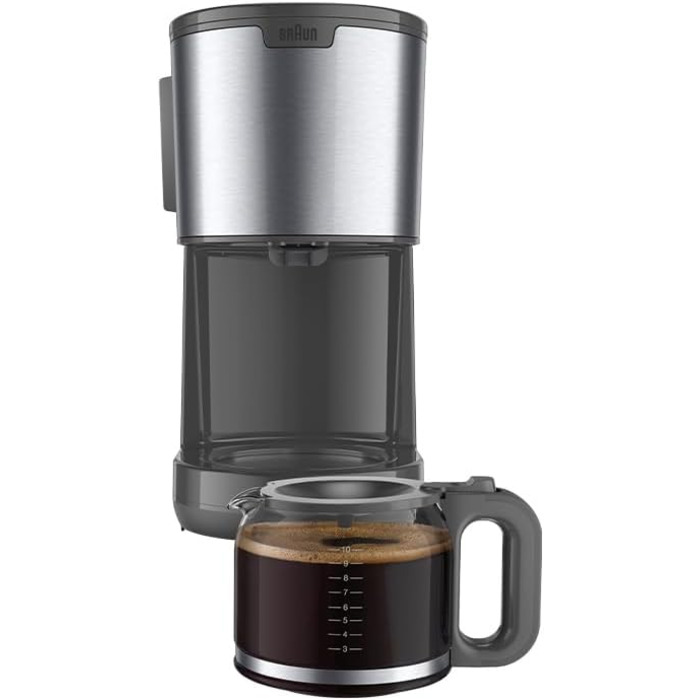 Кавоварка Braun PurShine KF1500GY, фільтраційна, скляний глечик, система OptiBrew, антикрапельна функція, автоматичне вимкнення, 10 чашок, 1000 Вт, сіра