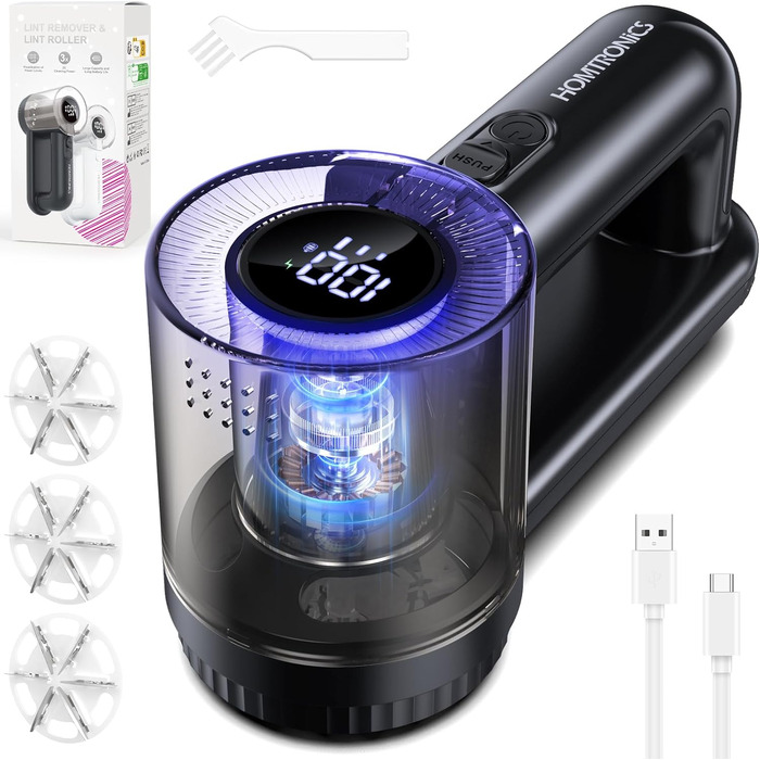 Електричний видальник ворсу Homtronics з USB-зарядкою, LED-дисплеєм та 6-ма лезами для одягу, диванів та килимів, чорний