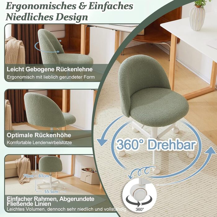 Офісне крісло Bonnlo з роликами, регульована висота, для робочого кабінету, спальні, home office, обшите тедді, білий (зелений)