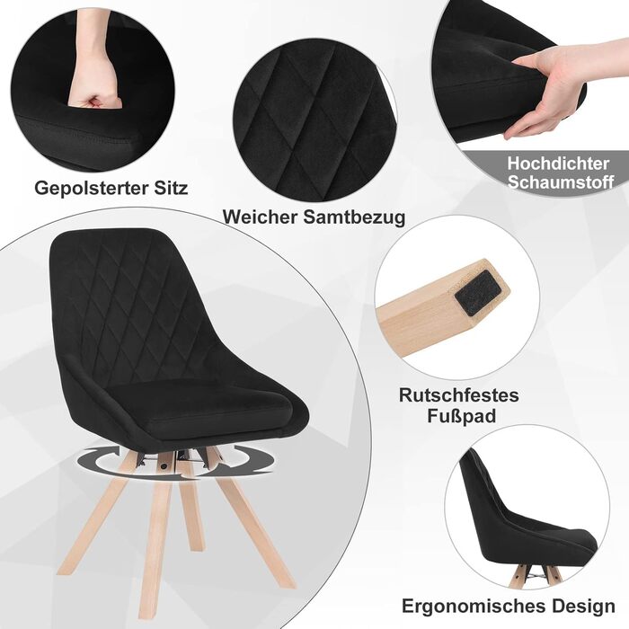 Набір обідніх стільців Woltu для вітальні, кухні, їдальні (8 шт.), з оксамитовим покриттям, букові ніжки, до 150 кг, чорний колір