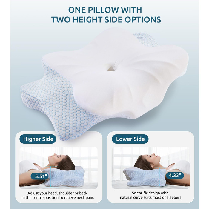 Подушка для шиї, подушка з піною з пам'яті, ергономічна подушка для шиї, подушка для тих, хто спить на боці, на спині та животі, сіро-білий колір (блакитний), 70 x 42 x 14 см