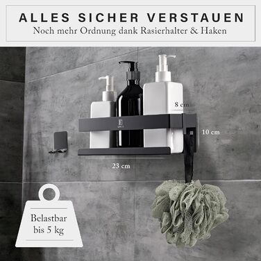 Поличка для душу Bad Duschablage без свердління - тримач для шампуню з нержавіючої сталі з оригінальними клейкими панелями 3M, 2 рухомі гачки, додатковий тримач для бритви (Чорний нержавіюча сталь)