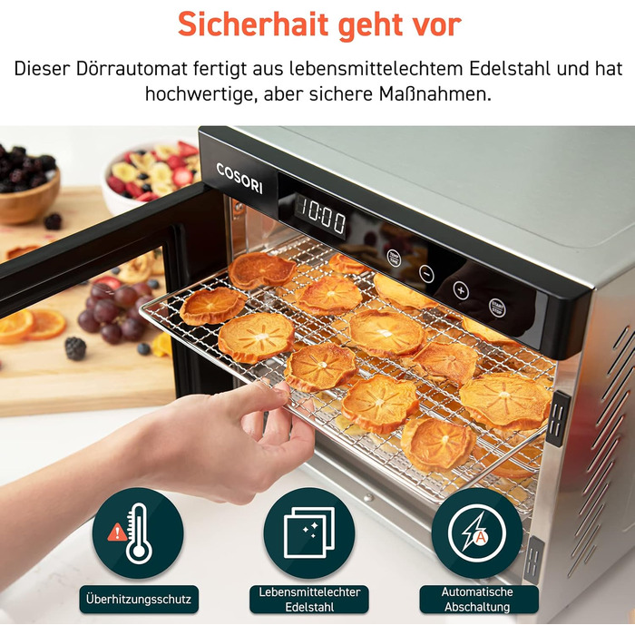 COSORI Дегідратор продуктів з 50 рецептами, 6 піддонів, 3 сітки, 3 килимки, площа 0,6 м², таймер 48 год, LED-дисплей (35°-75°C), 650W, сірий