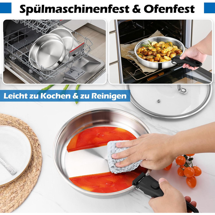 Набір каструль Joyfair, 9 предметів, з нержавіючої сталі, знімний ручка, для індукційних плит, сумісний з усіма типами плит, можна використовувати в духовці та мити в посудомийній машині