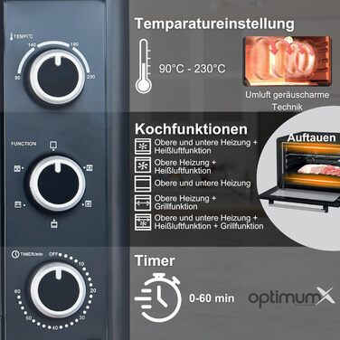 Міні-піч OptimumX 20L з конвекцією, таймером на 60 хв, для піци, 1380 Вт, чорна (об'єм 60 літрів)