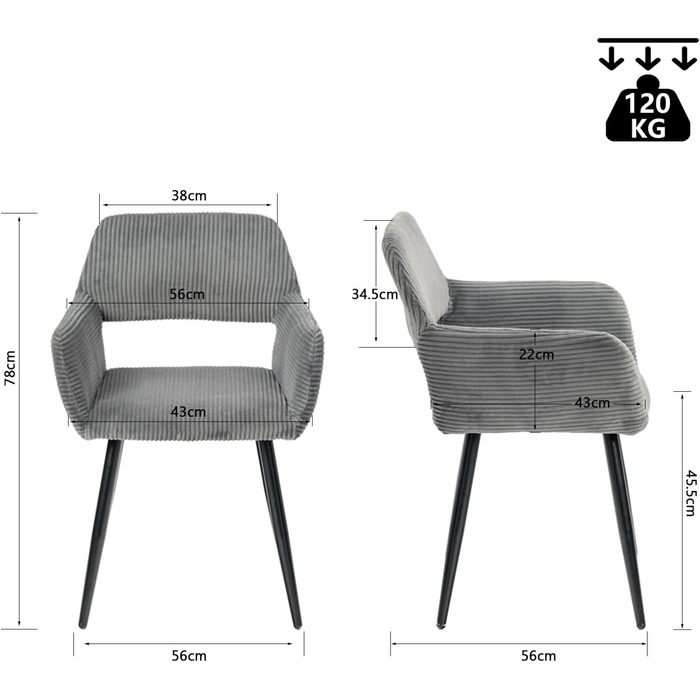 Крісла для їдальні Cosy (2 шт.) - стільці для кухні, вітальні з м'яким сидінням та металевими ніжками, 56x56x78 см (Сірий)