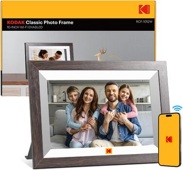 Цифровий фоторамка KODAK WiFi з сенсорним екраном IPS HD 10.1 дюйма, 32GB, автоматичне обертання, Wi-Fi, для стін, ділитися фотографіями звідусіль, темно-коричневий (білий каркас)