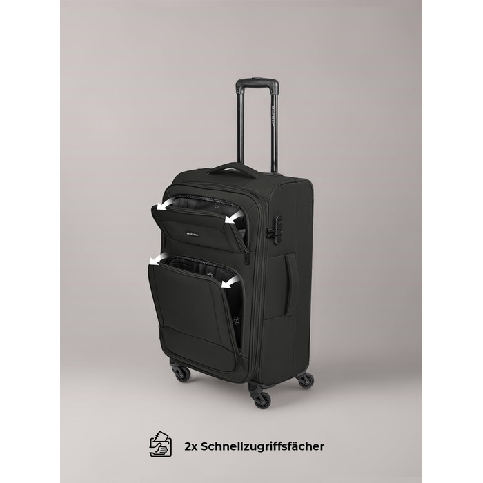 Набір валізак Smartbox 3-в-1 для жінок та чоловіків | Легкі та міцні валізи-ролики, якісний softcase, 4 колеса та кодовий замок | Розширювані валізи (Edition 04) (Чорний, валіза M (67 см) з можливістю розширення)