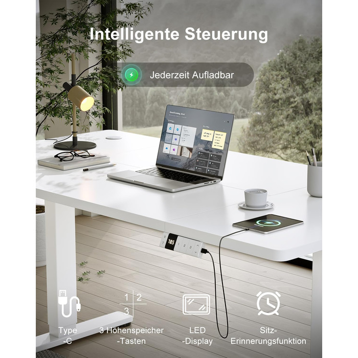 Електричний стіл Devoko з регулюванням висоти 200x80 см, білий, з USB-C зарядкою та органайзером для кабелів