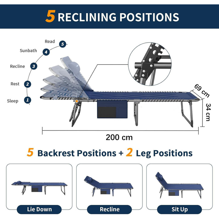 Розкладне ліжко для кемпінгу UDPATIO: зручне ліжко для відпочинку на природі з регульованою спинкою та подушкою (Navy)