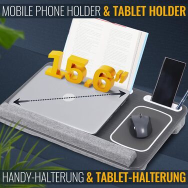 Підставка для ноутбука Ricoo з подушкою XXL, бамбукова підставка для laptop, стіл для ліжка/софи, з підкладкою для миші (LA0035, антрацит)