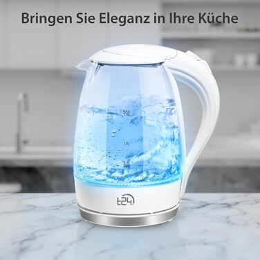 Скляний чайник T24 зі світлодіодним склом 1,7 л, світлодіодне освітлення, 2200 Вт, сертифікат TV GS, білий
