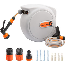 Спіральний шланг для саду Giraffe Tools Wandmontierte Schlauchbox з автоматичним намотуванням, 2м + 20м, 7 насадок, поворотний на 180°
