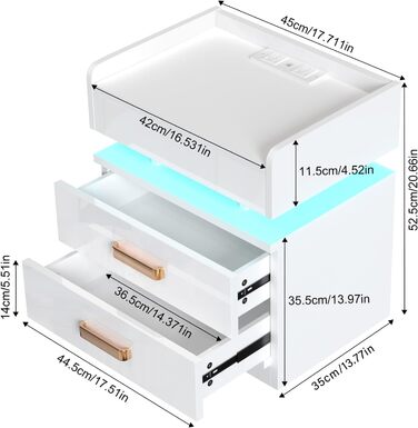 Тумбочка Lvhcmfohm з розеткою, LED, USB, 2 шухляди (45x35x52.5см, біла)