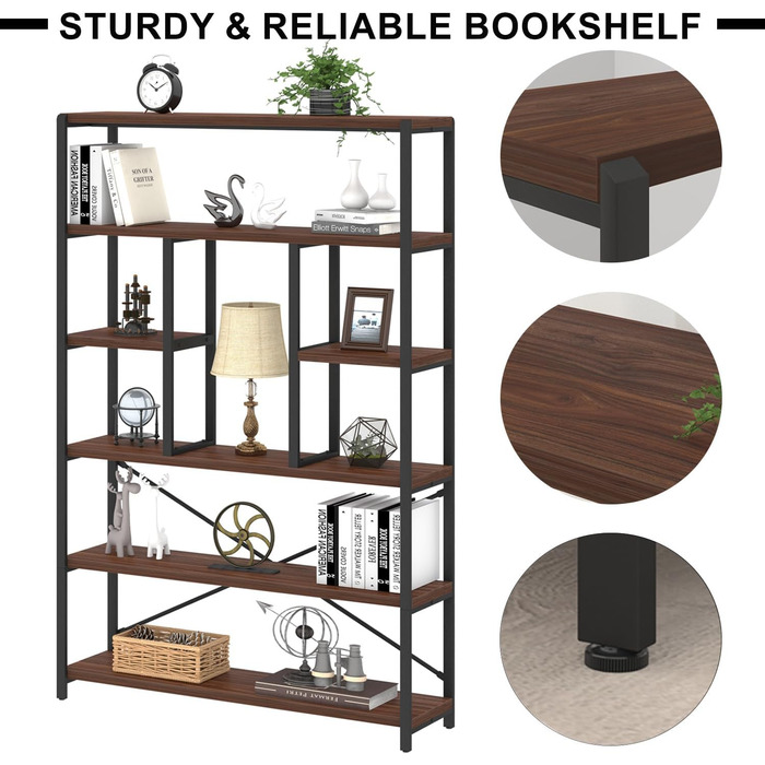 Стелаж LVB з 6 полицями для вітальні, офісу, кухні. Стелаж-стінка з дерева, горіх, 180 см