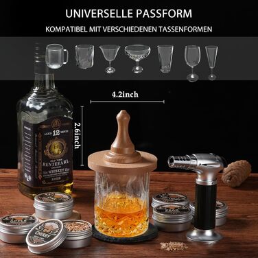 Набір для копчення віскі з пальником, 6 смаків, дерев'яні стружки, 2 склянки, 6 контейнерів для віскі, набір для коктейлів, набір для копчення напоїв, подарунок на день народження для любителів бурбону (без бутану)