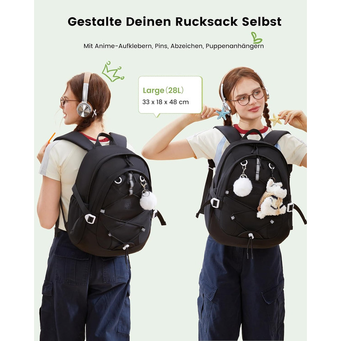 Шкільний рюкзак LOVEVOOK для підлітків, 5 клас, з нагрудною стрічкою, легкий, для дівчаток, 17.3 дюйми (Чорний)