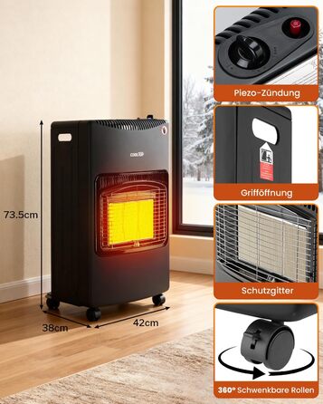 Газовий обігрівач Cooltop 4200W з керамічним нагрівачем, для дому, на бутан/пропан, без балончика, з регулятором та шлангом (чорний)