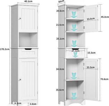 Висока шафа Bealife 170x40x30см, тумба для ванної кімнати з регульованими полицями, ящиком і дверцятами - білий