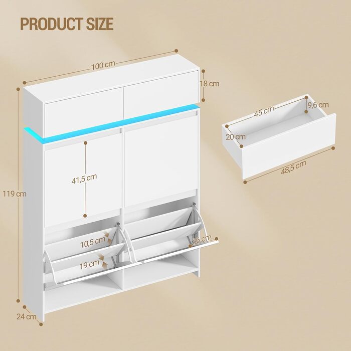 Взуттєва шафа Hzuaneri з 4 стулками, вузька, з LED-підсвічуванням, регульована перегородка, на 20 пар, 100 x 119 x 24 см, для передпокою, біла SR53603XEU