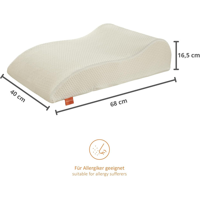 Подушка для ніг Sleepling, подушка для підйому ніг, подушка для ніг, подушка для дорослих, подушка під коліна 40 x 68 x 16,5 см, 100% бавовна, прання 60°C, Ökotex 100, Made in EU (40 x 68 x 16.5 см, поліестер)