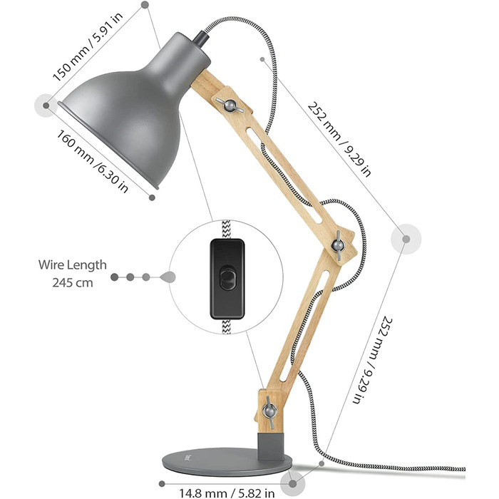 Світлодіодна лампа для читання tomons з класичним дерев'яним дизайном, настільна лампа, настільна лампа з регульованим кутом нахилу, лампа з регульованим кронштейном, зручна для очей лампа для читання, робоча лампа, офісна лампа ,приліжкова лампа (сірий)