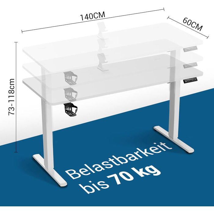 Регульований стіл 140 x 60 см з USB-C зарядкою, електричний, з функцією пам'яті, для офісу, стоячий/сидячий, білий Pro, 140x60 см