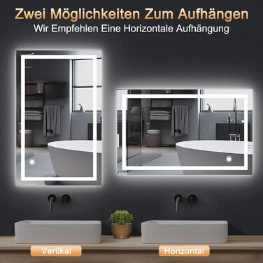 Дзеркало для ванної кімнати зі світлодіодним підсвічуванням 50x70 см, з сенсорним вимикачем, срібне