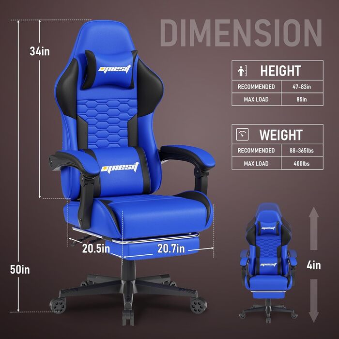 Ігровий крісло з підніжкою, регульованими підлокітниками та підтримкою попереку, ергономічне для дорослих, велике, високе, блакитне