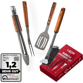 Набір для гриля: щипці, лопатка, виделка, щітка для чищення. Підходить для газових грилів. Подарунковий набір з нержавіючої сталі та акації (4 шт.)