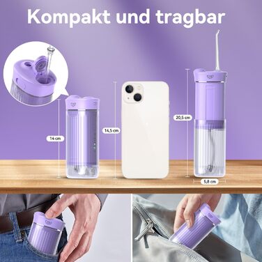 Портативний електричний іригатор для зубів JTF Munddusche Mini - бездротовий, 5 насадок, 4 режими, 230 мл, водонепроникний (фіолетовий)