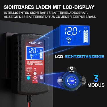 Зарядний пристрій для акумулятора Nexpeak NC175: 6V/12V, 1.75A, Smart, для автомобілів