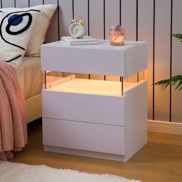 Білий приліжковий столик з LED-підсвіткою та 3 шухлядами для спальні