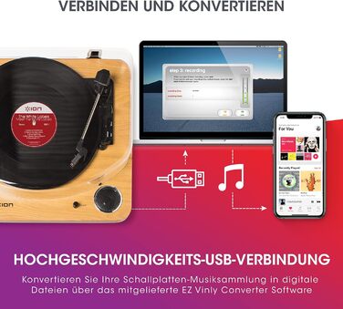 Програвач вінілових платівок ION Audio Max LP з Bluetooth, вбудованими динаміками та USB, дерев'яний корпус