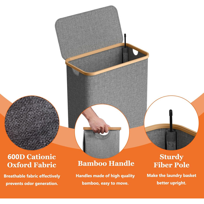 Кошик для білизни з кришкою 70л, вузький, з бамбуковими ручками та внутрішньою кишенею, складний, портативний, для пральні, йоги, темно-сірий 70л