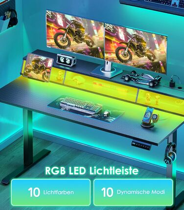Офісний стіл для геймінгу OffiGo, 140 см, регульована висота, RGB LED, розетки, 3 полиці, тримач для напоїв та навушників, стільниця з карбону, білий (чорний)