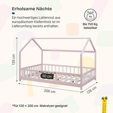 Дитяче ліжко Sisimiut Montessori від en.casa з захистом від падіння. Дерев'яне ліжко для дітей, підлогове, з ламелями. Матеріал: сосна. Колір: світло-сірий/білий. Розмір: 120 x 200 см. Без матраца.
