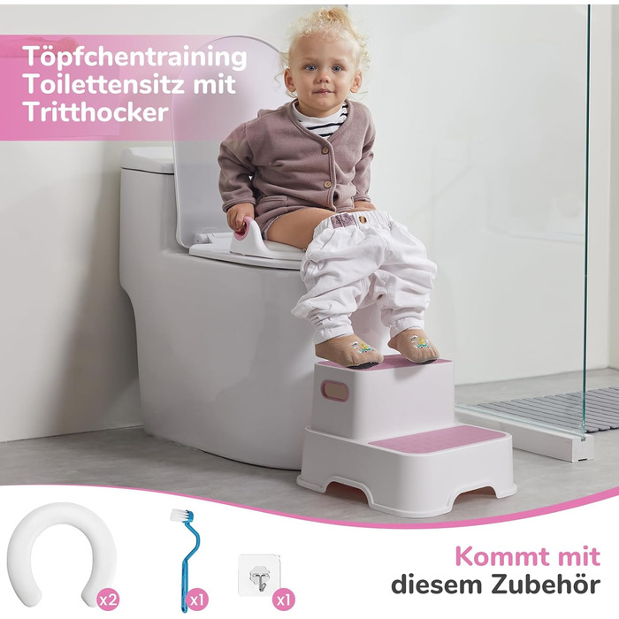Дитяче сидіння на унітаз DEANIC з підставкою-сходинками, рожеве - для малюків від 1 до 6 років + 2 подушки та щітка