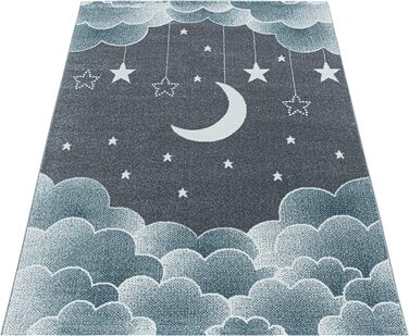 Домашній дитячий килим з коротким ворсом, синій, зоряне небо, місяць, хмари, дизайн дитячої кімнати, м'який, КолірСиній, Розмір 200x290 см