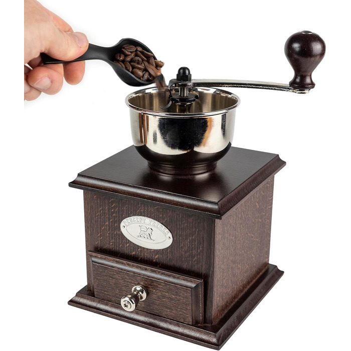 Кавомолка Peugeot Nostalgie - ручна, з регульованим сталевим жорном, 21 см, з воронкою, з бука, шоколадного кольору