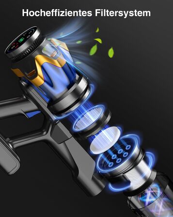 Бездротовий акумуляторний пилосос 45000 Па/550 Вт/65 хв, об'єм 1,6 л з дисплеєм, антизаплутана щітка, самостійна парковка, док-станція на стіні, 8-шарова фільтрація, тихий, для шерсті тварин/килимів/твердих поверхонь/автомобіля, блакитний