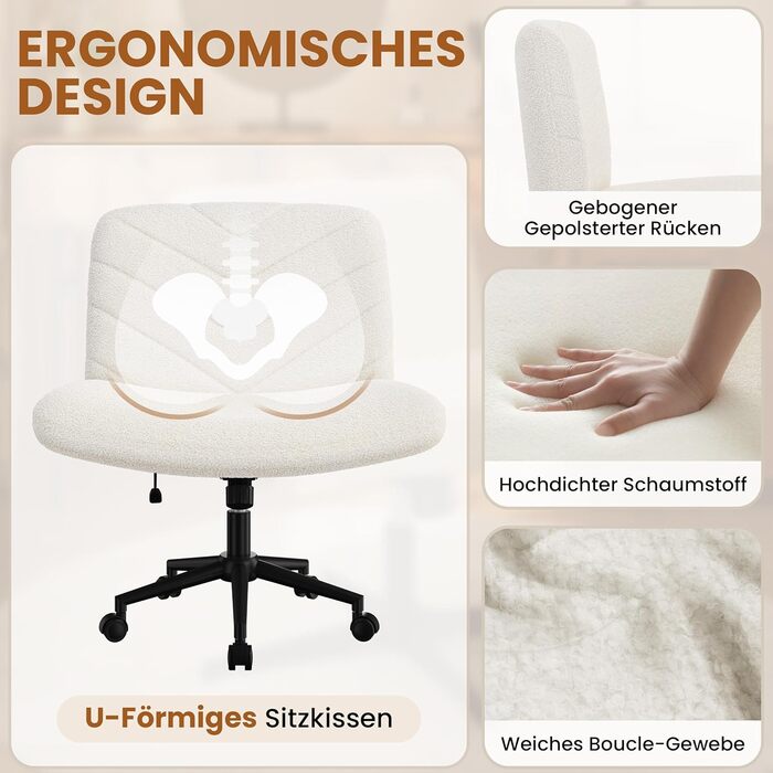 Офісне крісло Yaheetech з роликами, регульоване по висоті, з широким сидінням та середньою спинкою, для офісу та спальні, з колесами (слонова кістка)