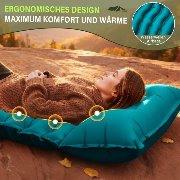 Кемпінговий надувний килимок Yuzonc з вбудованим насосом та подушкою, компактний легкий матрац для походу та пляжу (Темно-зелений)